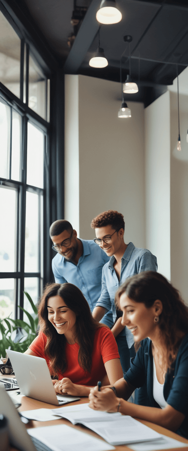 Equipo de marketing colaborando en un proyecto, grupo diverso de profesionales en un entorno de oficina moderno